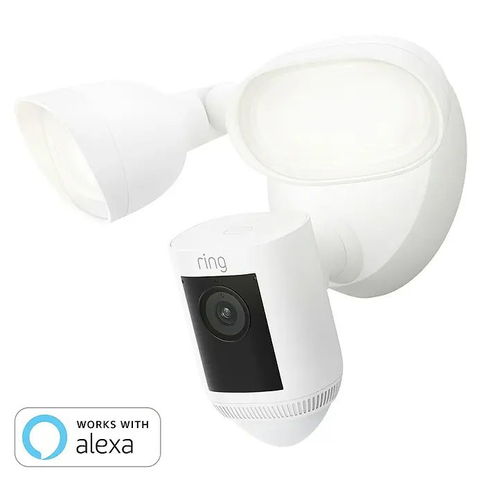 Ring Überwachungskamera Flutlichtkamera Pro Kabel - Weiß, Erfassungswinkel: 140 ° - Bild einer weißen Ring Floodlight Cam, einer Sicherheitskamera mit Flutlicht, die mit Alexa funktioniert.
