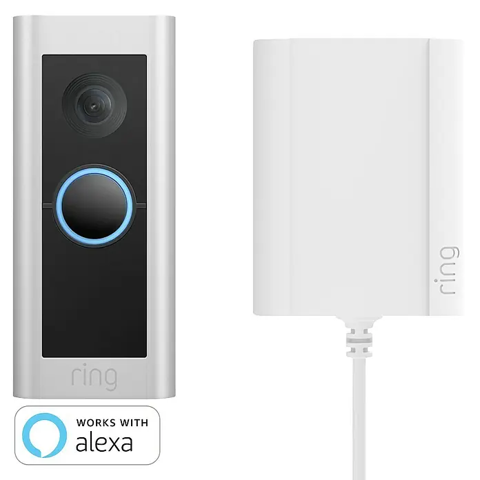 Ring Türklingel mit Kamera Video Doorbell Pro 2 Plug-in - Netzanschluss, Nickel matt, 1536p HD, 2,2 x 4,9 x 11,4 cm, Smarte Steuerung: Ring App - Das Bild zeigt eine Ring Video Doorbell und ein Ring Netzteil. Die Ring Türklingel ist silberfarben mit einer Kamera und einem blauen Ringknopf.
