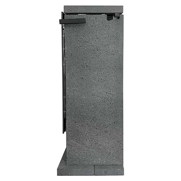 xeoos Kaminofen Patagonia X5 - 5 kW, Raumheizvermögen: 20 m³ - 70 m³, Farbe Verkleidung: Lava - Dunkelgraue, strukturierte rechteckige Platte mit schwarzem Griff und Scharnierdetails.