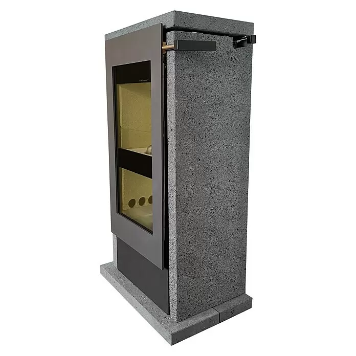 xeoos Kaminofen Patagonia X5 - 5 kW, Raumheizvermögen: 20 m³ - 70 m³, Farbe Verkleidung: Lava - Moderner dunkelgrauer Steinofen mit Glastür und schwarzem Metallrahmen.