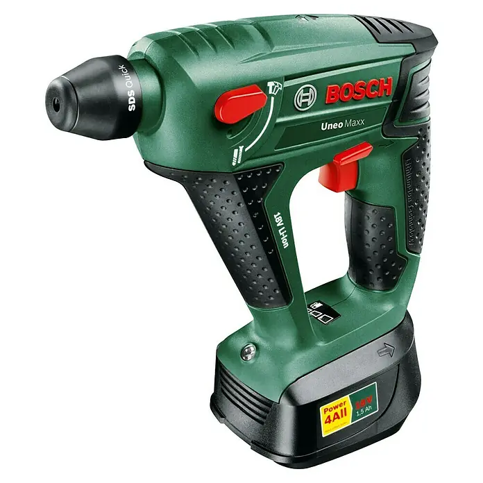 Bosch Power for All 18V Martillo perforador de batería Uneo MAXX - 18 V, 1 batería, 0,6 J - Primer plano de un taladro percutor inalámbrico verde Bosch Uneo Maxx con mandril SDS quick e interruptor rojo.