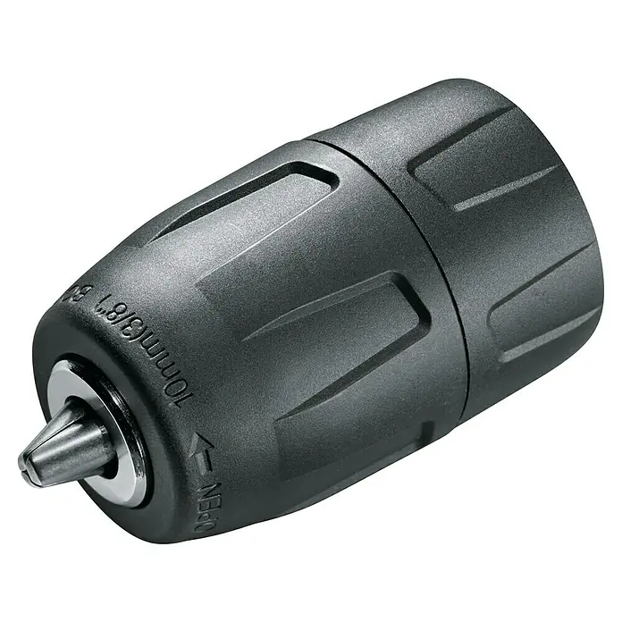 Bosch Power for All 12V Akku-Bohrhammer Uneo - 12 V, 1 Akku, 2 Ah, 0,5 J - Nahaufnahme eines schwarzen, schlüssellosen Bohrfutters, das für Bohrmaschinen verwendet wird, mit Details wie der Größenangabe.