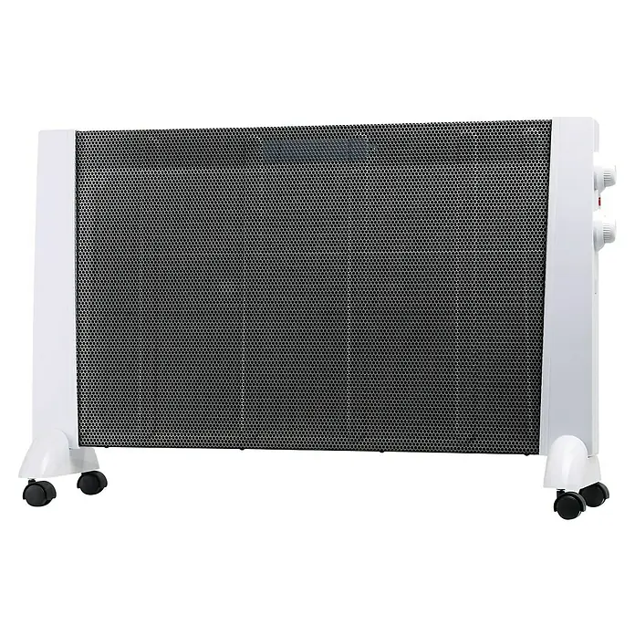 Voltomat HEATING Wärmewellenheizung - 62 x 880 x 475 mm, 2.400 W, Silber/Schwarz - Ein weißer, tragbarer Konvektor-Heizkörper mit schwarzem Gitter und Rollen, der Wärme und Komfort bietet. Ideal für Zuhause oder das Büro.
