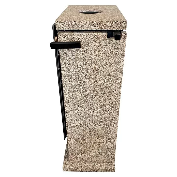 xeoos Kaminofen Patagonia X5 - 5 kW, Raumheizvermögen: 20 m³ - 70 m³, Farbe Verkleidung: Ming Yellow - Gesprenkelter Mülleimer in Granitoptik mit runder Öffnung oben und schwarzen Seitenbeschlägen.