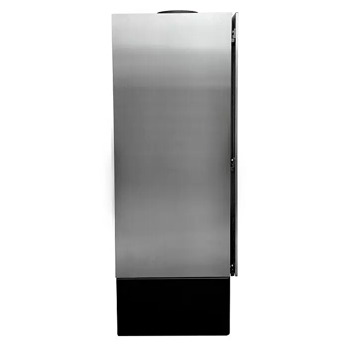 xeoos Kaminofen Patagonia X5 - 5 kW, Raumheizvermögen: 20 m³ - 70 m³, Farbe Verkleidung: Inox Edelstahl - Edelstahlgerät mit schwarzem Sockel.