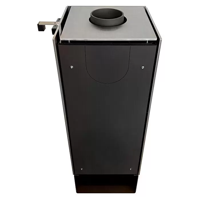 xeoos Kaminofen Patagonia X5 - 5 kW, Raumheizvermögen: 20 m³ - 70 m³, Farbe Verkleidung: Inox Edelstahl - Hohes, dunkelgraues Heizgerät mit silberner Platte, runder Abgasöffnung und seitlichem Griff.