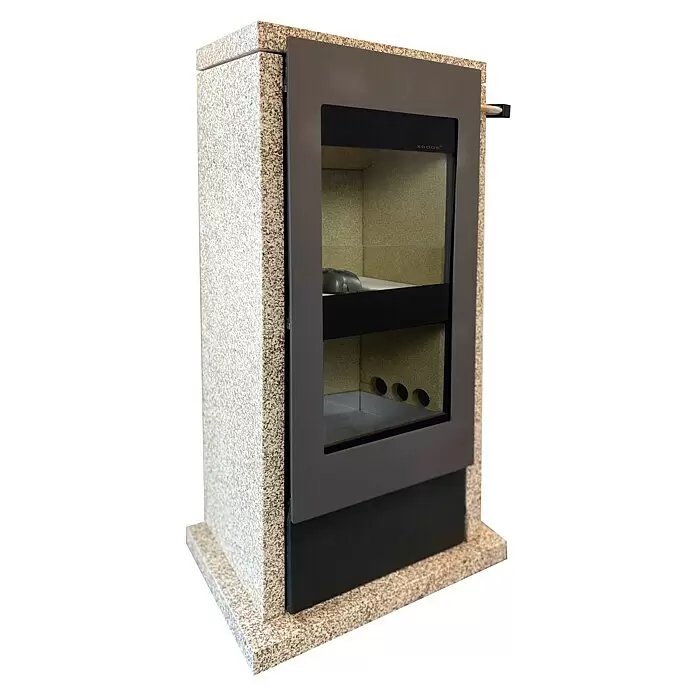 xeoos Kaminofen Patagonia X5 - 5 kW, Raumheizvermögen: 20 m³ - 70 m³, Farbe Verkleidung: Ming Yellow - Moderner Ofen mit gesprenkeltem Granitgehäuse, dunkler Metalltür, Glasfenster und hellem Feuerraum.