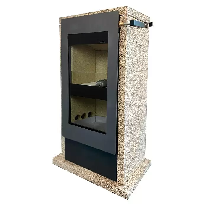 xeoos Kaminofen Patagonia X5 - 5 kW, Raumheizvermögen: 20 m³ - 70 m³, Farbe Verkleidung: Ming Yellow - Moderner freistehender Kaminofen mit gesprenkeltem Steingehäuse, dunkelgrauem Rahmen und Glastür.