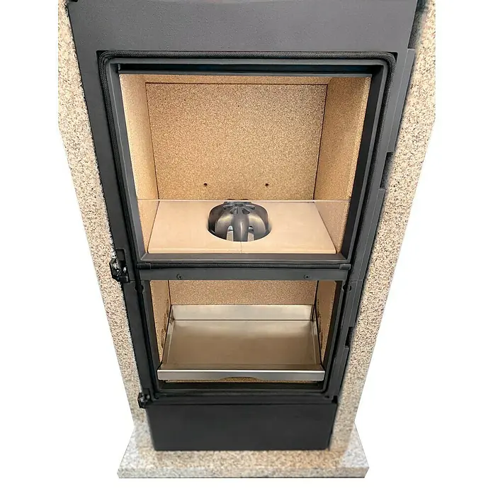 xeoos Kaminofen Patagonia X5 - 5 kW, Raumheizvermögen: 20 m³ - 70 m³, Farbe Verkleidung: Ming Yellow - Der Holzofen mit moderner Ausstattung und schwarzer Verkleidung sorgt für Wärme und Stil.