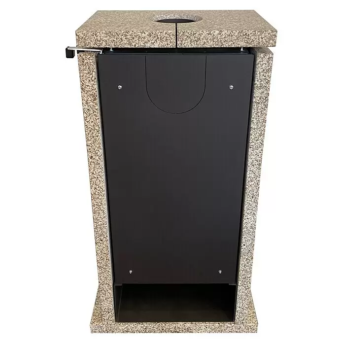 xeoos Kaminofen Patagonia X5 - 5 kW, Raumheizvermögen: 20 m³ - 70 m³, Farbe Verkleidung: Ming Yellow - Dunkelgrauer Abfallbehälter mit gesprenkeltem Granitrahmen, runder Öffnung oben und seitlichem Griff.
