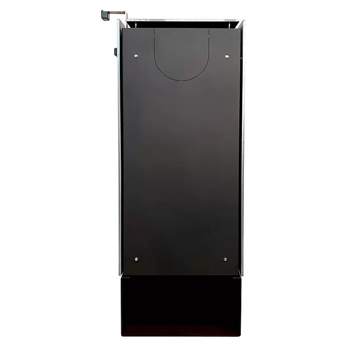 xeoos Kaminofen Patagonia X5 - 5 kW, Raumheizvermögen: 20 m³ - 70 m³, Farbe Verkleidung: Inox Edelstahl - Hohe dunkelgraue Platte mit halbrundem Ausschnitt oben und sichtbaren Befestigungen, über schwarzem Sockel.