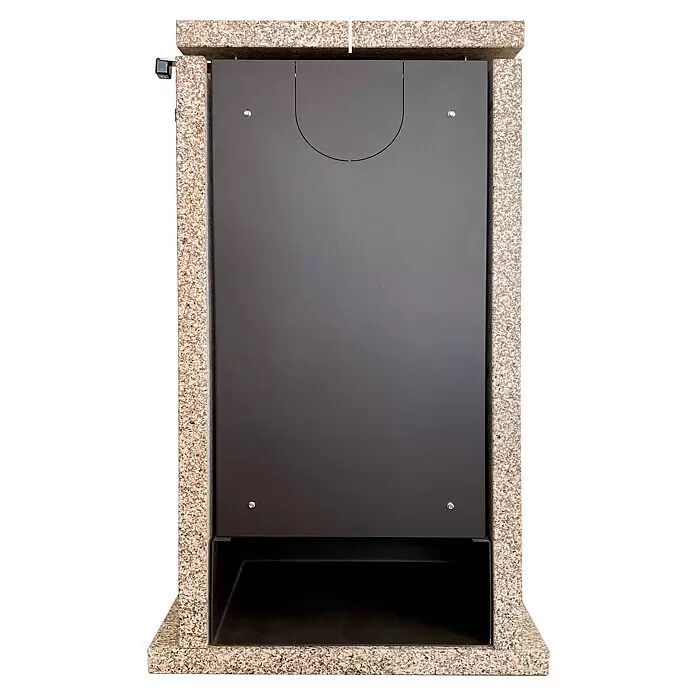 xeoos Kaminofen Patagonia X8 - 8 kW, Raumheizvermögen: 40 m³ - 100 m³, Sandfarben/Anthrazit - Dunkelgrauer rechteckiger Einsatz mit gesprenkeltem Granit-Optik-Rahmen und einer unteren Öffnung.