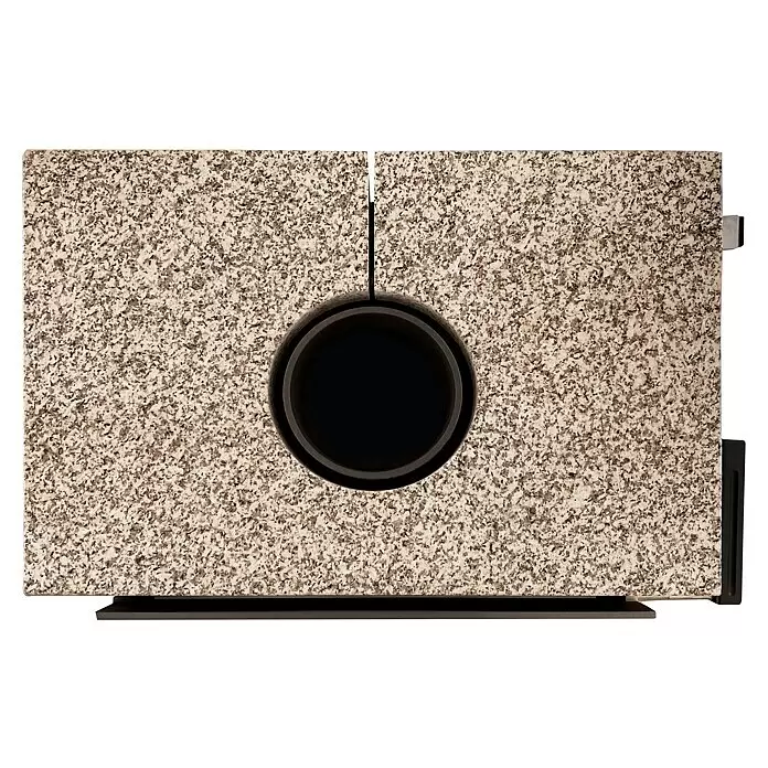 xeoos Kaminofen Patagonia X5 - 5 kW, Raumheizvermögen: 20 m³ - 70 m³, Farbe Verkleidung: Ming Yellow - Oberansicht eines Heizgeräts aus gesprenkeltem Granit-Look mit mittiger Rauchrohröffnung und dunklem Sockel.