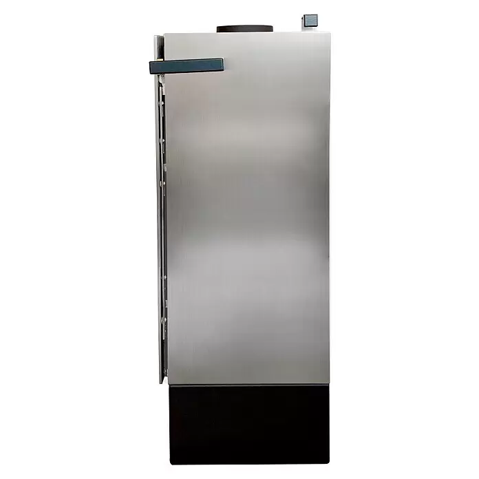 xeoos Kaminofen Patagonia X5 - 5 kW, Raumheizvermögen: 20 m³ - 70 m³, Farbe Verkleidung: Inox Edelstahl - Silbernes Edelstahlgerät mit schwarzem Sockel und seitlichem Griff.