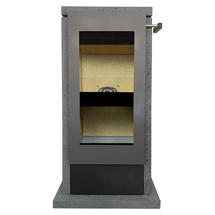xeoos Kaminofen Patagonia X5 - 5 kW, Raumheizvermögen: 20 m³ - 70 m³, Farbe Verkleidung: Lava - Moderner Kamin/Holzofen mit grauem, betonähnlichem Rahmen und dunkler Metallfront, großer Glasscheibe und Brennraum.