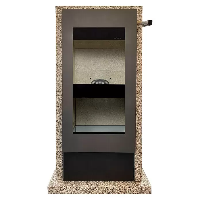xeoos Kaminofen Patagonia X5 - 5 kW, Raumheizvermögen: 20 m³ - 70 m³, Farbe Verkleidung: Ming Yellow - Moderner Kamineinsatz aus dunkelgrauem Metall und gesprenkeltem Stein mit Seitenhebel.
