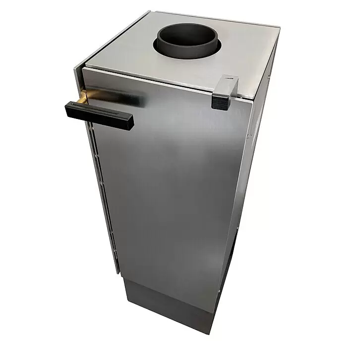 xeoos Kaminofen Patagonia X5 - 5 kW, Raumheizvermögen: 20 m³ - 70 m³, Farbe Verkleidung: Inox Edelstahl - Modul aus gebürstetem Edelstahl mit schwarzer, runder Abluftöffnung oben und schwarzem Griff seitlich.
