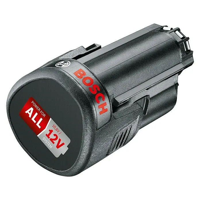 Bosch Power for All 12V Batería - 12 V, Iones de litio, 2 Ah - Imagen de una batería negra Bosch de 10.8V/12V, adecuada para muchos dispositivos, con el logotipo rojo de Bosch.