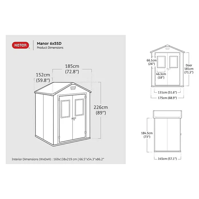 Keter Gerätehaus Manor 6x5 - Außenmaß inkl. Dachüberstand (B x T): 185 x 152 cm, Kunststoff, Anthrazit/Weiß - Abmessungen des Keter Manor 6x5SD Gartenhauses.