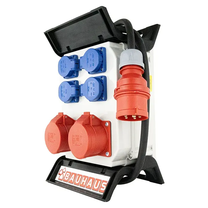 BAUHAUS Baustromverteiler - Anzahl CEE-Steckdosen: 2 Stk., Anzahl Steckdosen Schuko: 4 Stk., IP44 - Eine mobile Stromverteilerbox von Bauhaus mit blauen und roten Steckdosen, ideal für Baustellen und den Außenbereich.