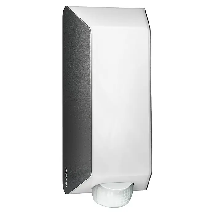 Steinel Außenwandleuchte L 30 S - 15 W, 10,8 x 12,2 x 26,1 cm, Anthrazit, IP44, Mit Bewegungssensor - Eine Nahaufnahme eines Steinel Bewegungsmelders in Weiß und Grau, ideal für die Wandmontage.