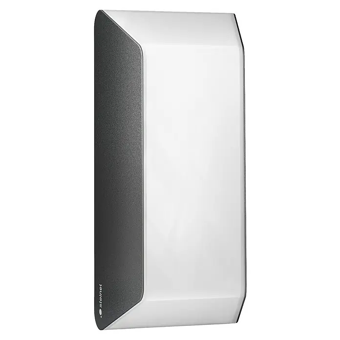 Steinel Außenwandleuchte L 30 - 15 W, 10,8 x 12,2 x 26,1 cm, Anthrazit, IP44, Ohne Bewegungssensor - Abbildung einer weißen Steinel-Lampe mit grauen Akzenten. Eine moderne Beleuchtungslösung für den Innen- und Außenbereich.