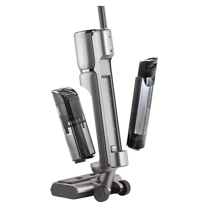 Thomas Akku-Hartbodenreiniger Aqua Floor Cleaner Cordless - 21,6 V - Modulare, metallic-silberne Akku-Staubsauger-Komponenten: Hauptgehäuse, zwei transparente Behälter, Bodendüse.