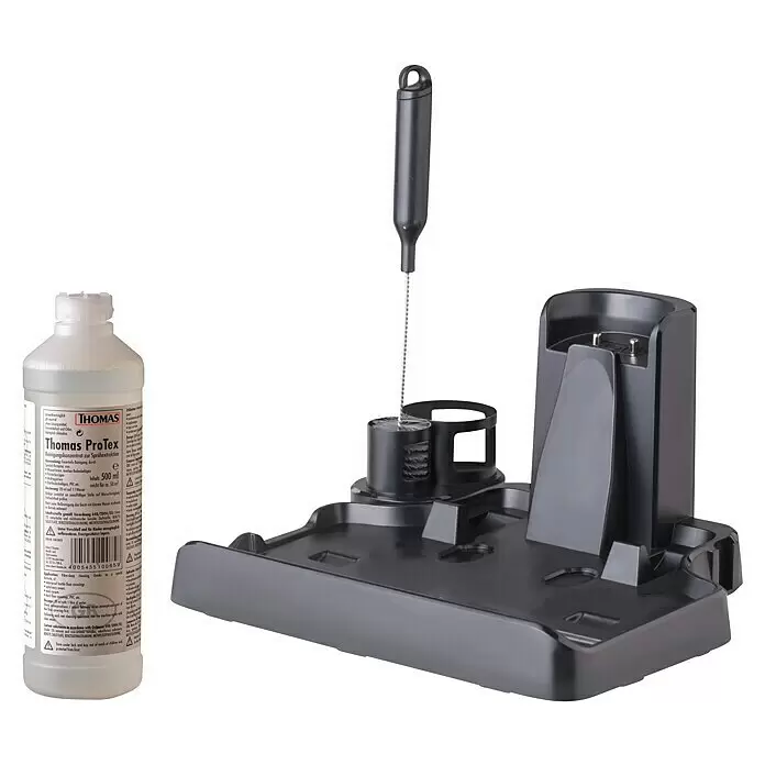 Thomas Akku-Hartbodenreiniger Aqua Floor Cleaner Cordless - 21,6 V - Thomas ProTex Reinigungskonzentratflasche, dunkelgraue Dockingstation und Reinigungsbürste.