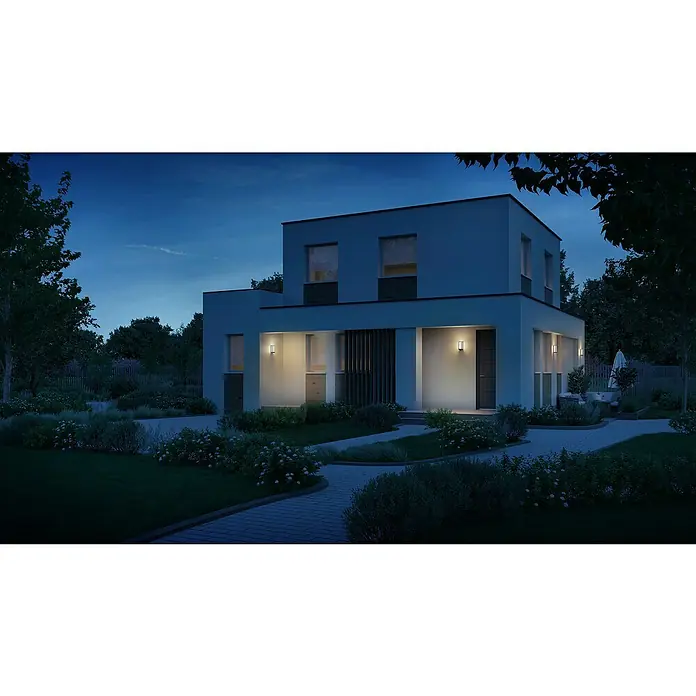 Steinel LED-Außenwandleuchte L 42 SC ANT - 12,6 W, 10,5 x 13,1 x 30,6 cm, Anthrazit, IP54 - Dieses Bild zeigt ein modernes Haus mit Außenleuchten, die das Gebäude ansprechend beleuchten und die architektonischen Details hervorheben.