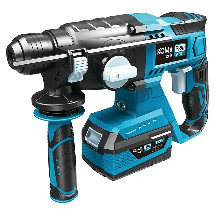 Koma Tools PRO Series Martillo combinado de batería - 20 V, Sin batería, 4 Ah - 5 Ah, 1,8 J, Número máx. de impactos: 5.500 /min - En la imagen se muestra un martillo perforador rotativo inalámbrico azul Koma Pro, una herramienta versátil para aficionados al bricolaje.