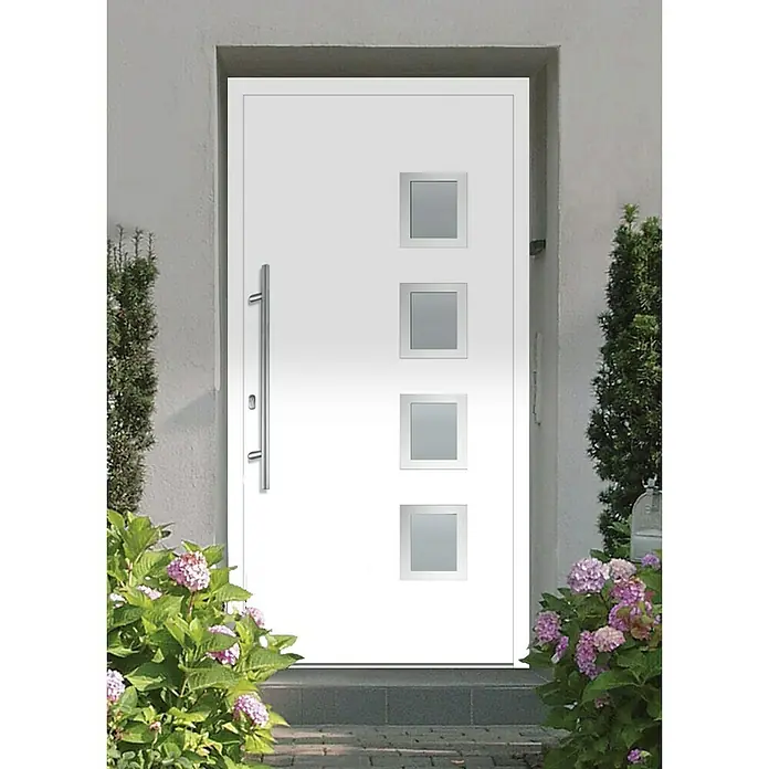 Solid Elements Haustür KA-511 - 110 x 210 cm, DIN Anschlag: Links - Weiße moderne Haustür mit vier quadratischen Fenstern und einem langen Türgriff, umgeben von blühenden Pflanzen.