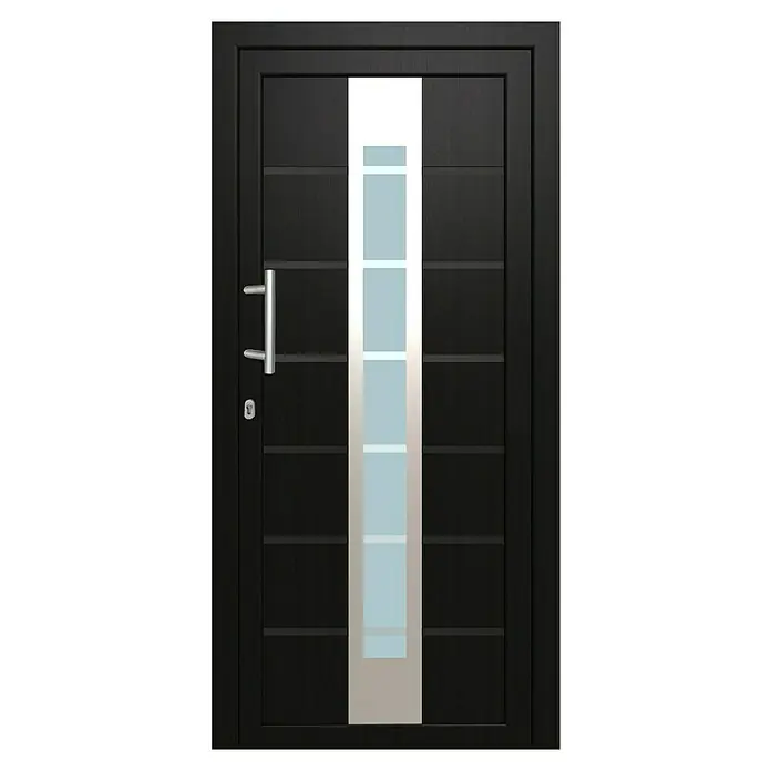 Solid Elements Haustür KT-448 - 110 x 210 cm, DIN Anschlag: Links, Anthrazit/Weiß - Eine moderne schwarze Haustür mit vertikalem Glasstreifen in der Mitte und einem silbernen Griff an der Seite.