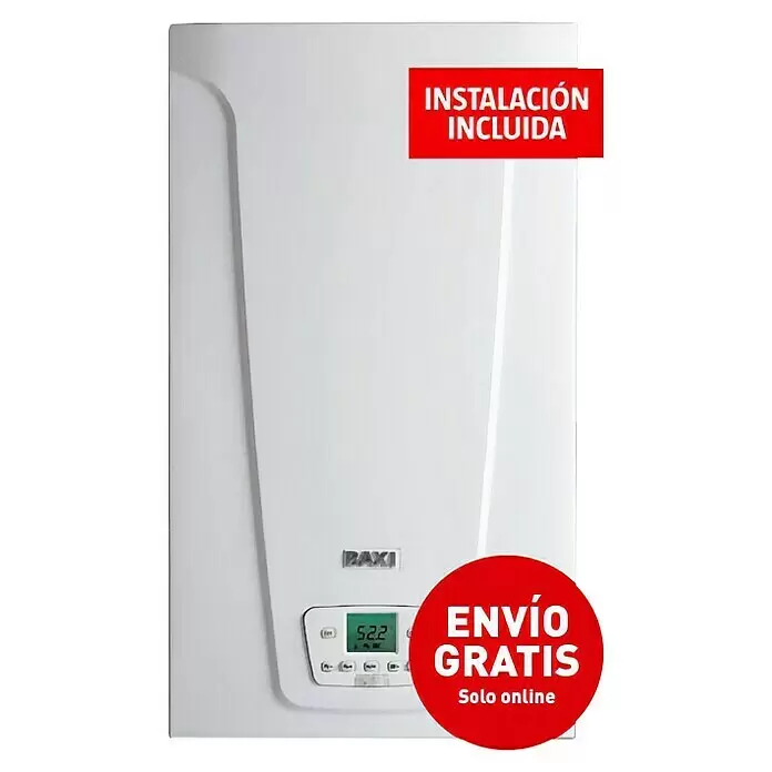 Baxi Caldera Neodens Plus Eco 24 con instalación incluida - 24 kW, 7 l, Display multifunción - Caldera de calefacción BAXI blanca con pantalla digital y etiquetas rojas "Instalación incluida" y "Envío gratis".