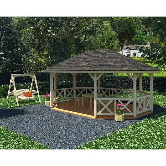 Palmako Pavillon Betty - Außenmaß: 553 x 703 cm, Transparent, Fichte - Einladender Pavillon mit Schaukel in einem idyllischen Garten, ideal zum Entspannen im Freien.