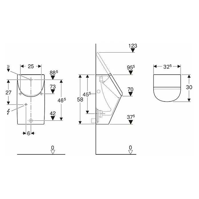 Geberit Renova Plan Urinal-Komplettset - Mit Urinaldeckel, Unbeschichtet, Zulauf: Hinten, Druckspülung, Farbe: Weiß - Technische Zeichnung eines Urinals mit Bemaßungen für Installation und Design, einschließlich Höhe, Breite und Tiefe.