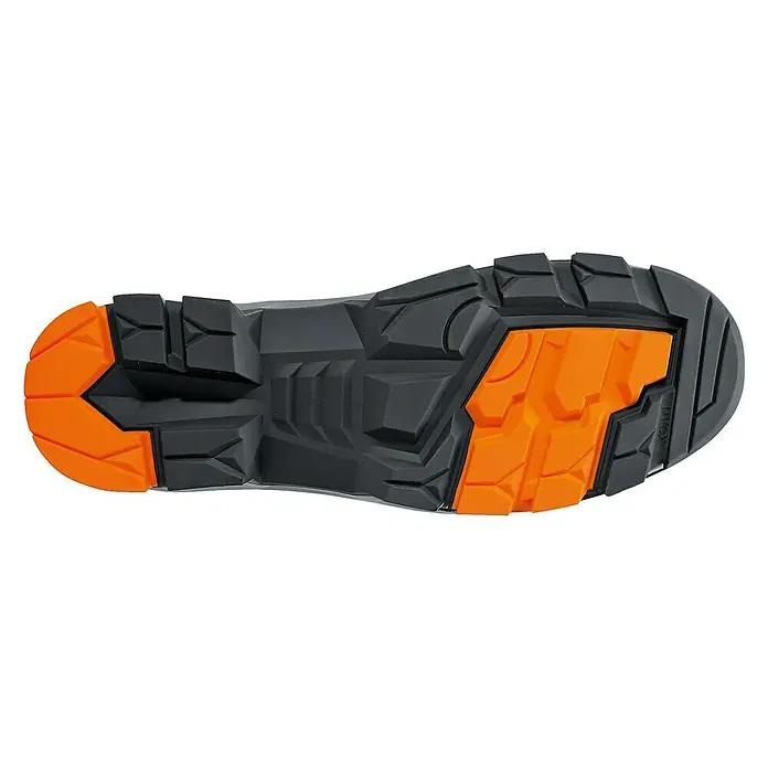 Uvex Sicherheitsstiefel 2 - 43, Schutzklasse nach EN ISO 20345: S3, Schwarz/Orange - Nahaufnahme der Sohle eines schwarzen und orangefarbenen Sicherheitsschuhs, der ein robustes und rutschfestes Design aufweist.