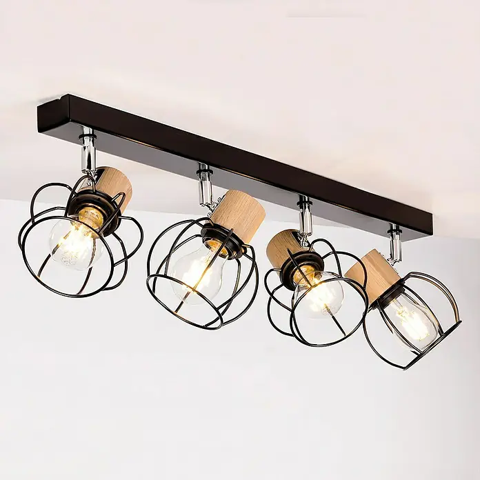 Britop Lighting Deckenleuchte Phiphi - L x B x H: 83 x 13 x 20 cm, E27 - Deckenleuchte mit vier Lichtpunkten, industrieller Stil mit Käfigdesign, Holzdetails und warmen Glühbirnen für eine gemütliche Atmosphäre.