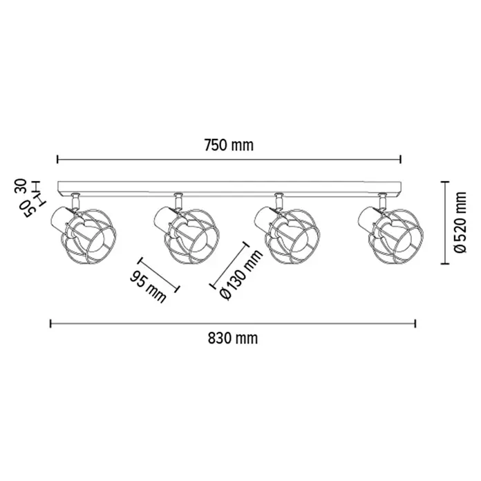 Britop Lighting Deckenleuchte Phiphi - L x B x H: 83 x 13 x 20 cm, E27 - Technische Zeichnung einer Vierfach-Deckenleuchte mit Käfigschirmen, Maße und Details für die Installation und Raumplanung.