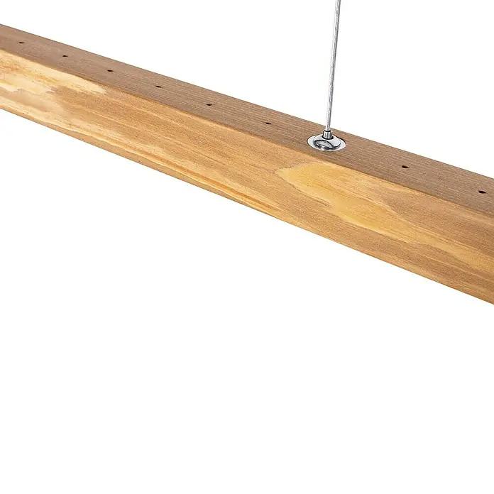 Britop Lighting Pendelleuchte Forestier - LED, Braun, 118 x 5 x 110 cm, 16 W - Detailansicht eines Hängeleuchters aus Holz mit Stahlseilaufhängung und Bohrlöchern für eine gleichmäßige Lichtverteilung.
