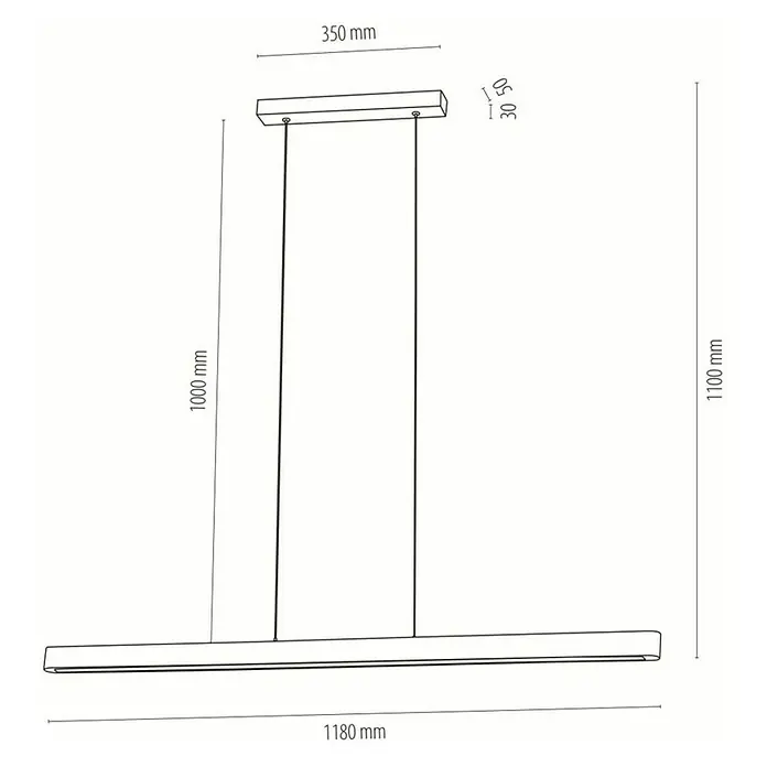 Britop Lighting Pendelleuchte Forestier - LED, Braun, 118 x 5 x 110 cm, 16 W - Technische Zeichnung einer LED-Hängeleuchte mit den Maßen 350 mm, 1180 mm, 1000 mm und 1100 mm. Die schlanke Leuchte ist modern und minimalistisch.