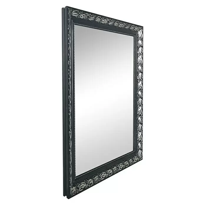 Rahmenspiegel Tanja - 55 x 70 cm, Schwarz/Silber, Holz - Rechteckiger Spiegel mit einem kunstvollen dunkelgrauen Rahmen und silbernen Blattmustern.