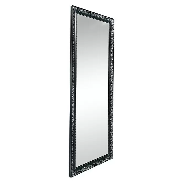Rahmenspiegel Tanja - 50 x 150 cm, Schwarz/Silber, Holz - Hoher Standspiegel mit schwarzem Zierrahmen und silbernem Blattdekor.