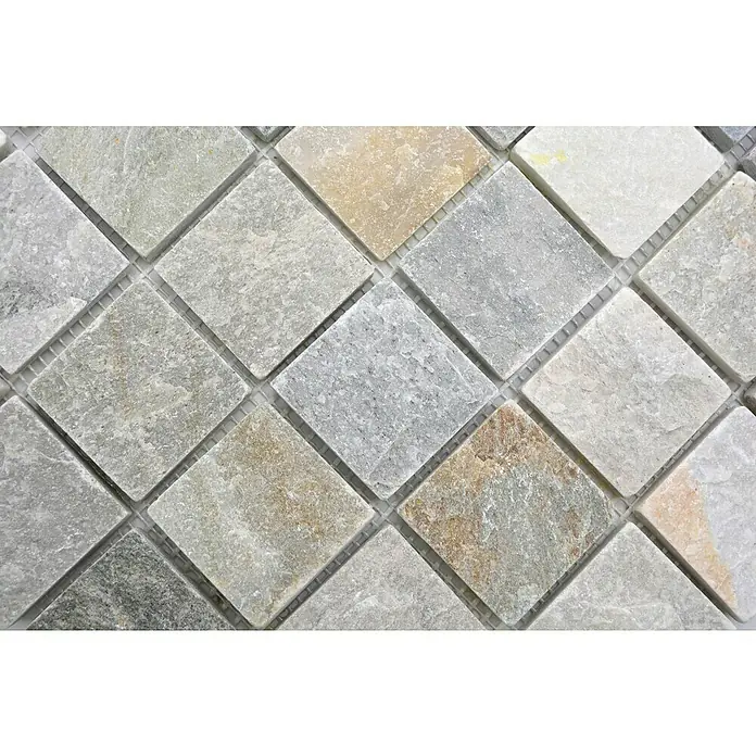 Mosaikfliese Quadrat XQM 001M - 30,5 x 30,5 cm, Beige/Grau, Matt - Nahaufnahme von Natursteinmosaikfliesen mit verschiedenen Grau- und Beigetönen, ideal für Wand- und Bodendesign.