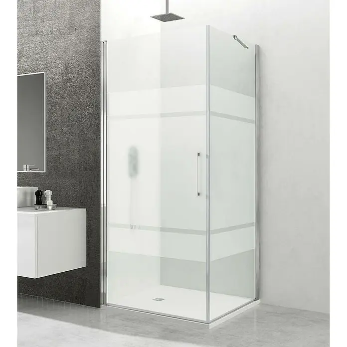 GME Mampara de ducha esquinera Open Combi A frontal + lateral - L x An x Al: 60 x 70 x 195 cm, Plata brillo - En la imagen se muestra una mampara de ducha moderna con un diseño limpio, con superficies de vidrio esmerilado divididas por franjas horizontales. La mampara ofrece privacidad y aspecto elegante.