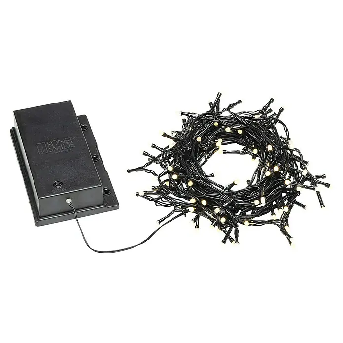 Konstsmide LED-Lichterkette - Außen, Lichtfarbe: Warmweiß, Anzahl Leuchtmittel: 120 Stk., Batteriebetrieben - Lichterkette von Konstsmide mit vielen warmweißen LEDs und schwarzem Kabel, ideal für die Weihnachtsdekoration und festliche Beleuchtung.
