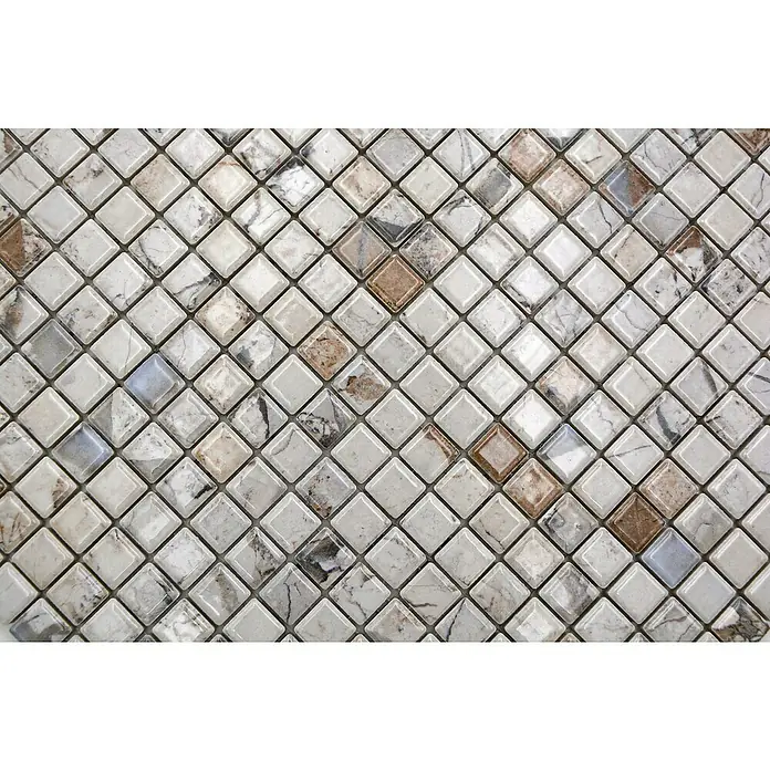 Mosaikfliese JAB 10MM24 beige - 31,5 x 31,5 cm, Weiß/Braun, Glänzend - Nahaufnahme von quadratischen Mosaikfliesen in verschiedenen Grau- und Brauntönen, ideal für Wand- und Bodengestaltung.