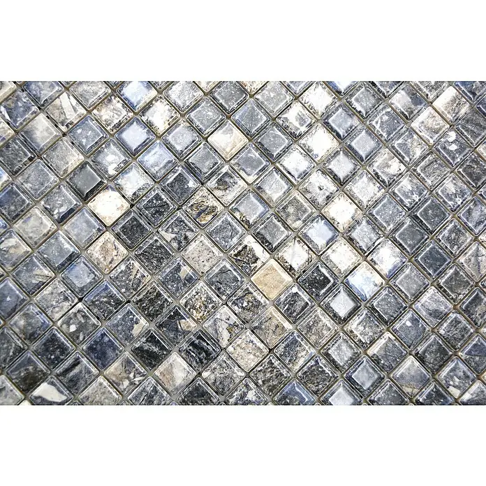 Mosaikfliese JAB 10MM28 dark - 31,5 x 31,5 cm, Anthrazit/Blau, Glänzend - Nahaufnahme eines Mosaikfliesen-Hintergrunds mit quadratischen Fliesen in Grau-, Schwarz- und Weißtönen, ideal für Bad oder Küche.
