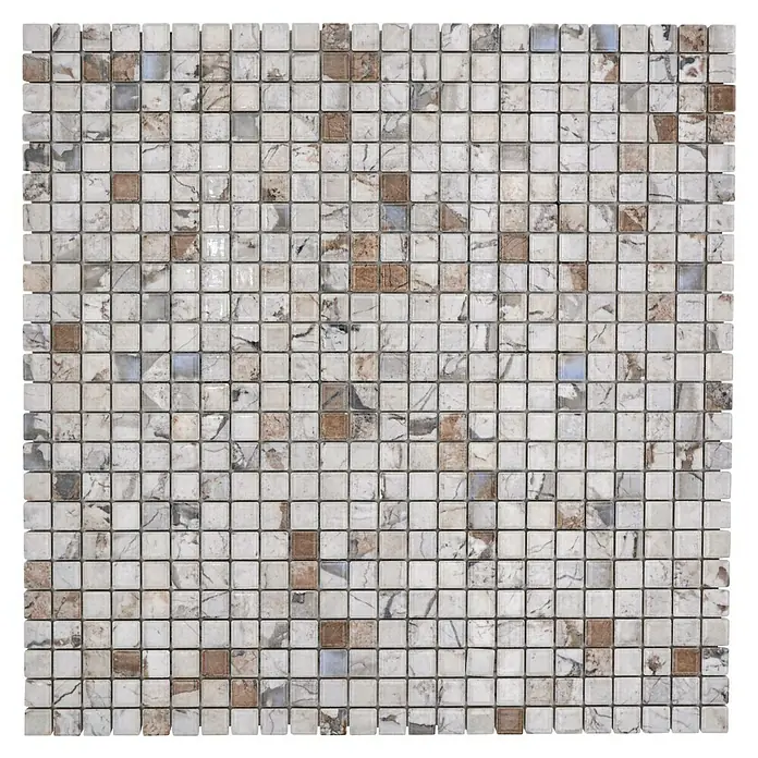 Mosaikfliese JAB 10MM24 beige - 31,5 x 31,5 cm, Weiß/Braun, Glänzend - Quadratische Mosaikfliese in Beige- und Brauntönen, ideal für eine stilvolle Wandgestaltung.
