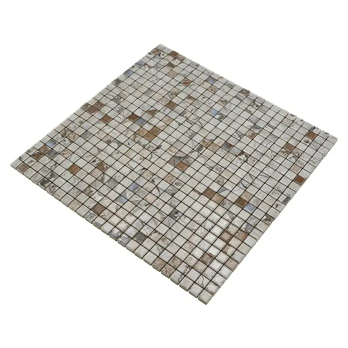 Mosaikfliese JAB 10MM24 beige - 31,5 x 31,5 cm, Weiß/Braun, Glänzend - Quadratische Fliesenmatte mit kleinen Mosaikfliesen in verschiedenen Farbtönen, ideal für Bad und Küche.