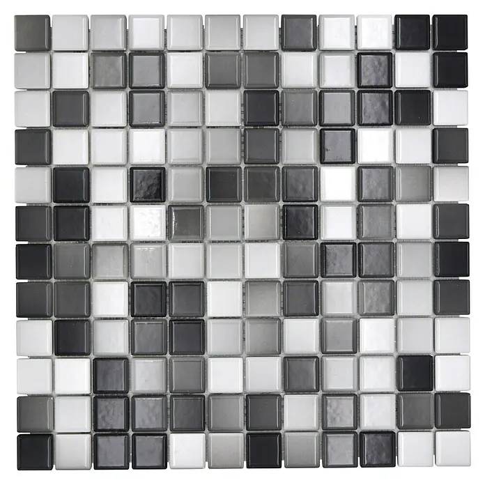 Mosaikfliese JAB 23F221 mix whitegrey - 29,7 x 29,7 cm, Mix Weiß/Grau/Schwarz, Glänzend - Nahaufnahme eines Mosaiks mit kleinen quadratischen Fliesen in Grau-, Schwarz- und Weißtönen, ideal für stilvolle Wand- oder Bodengestaltungen.
